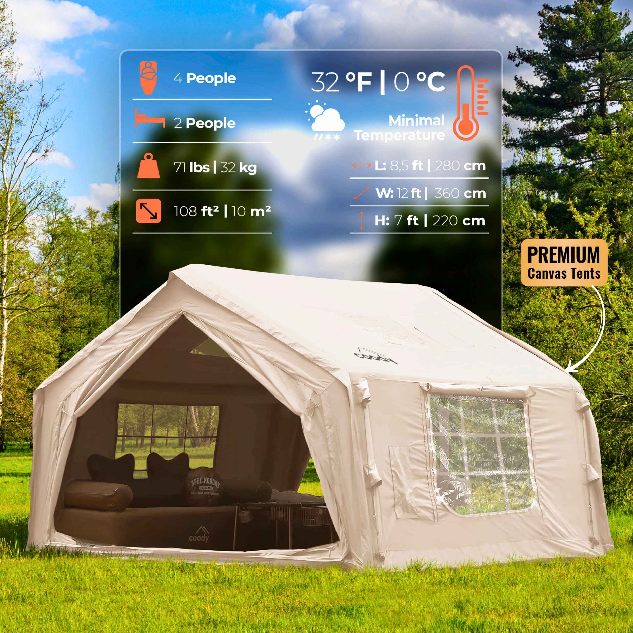 Coody 10.0 Beige  (2-4 person) Camping Bundle – Tent, PVC Ground Sheet, Carpet & Pump - Image 3