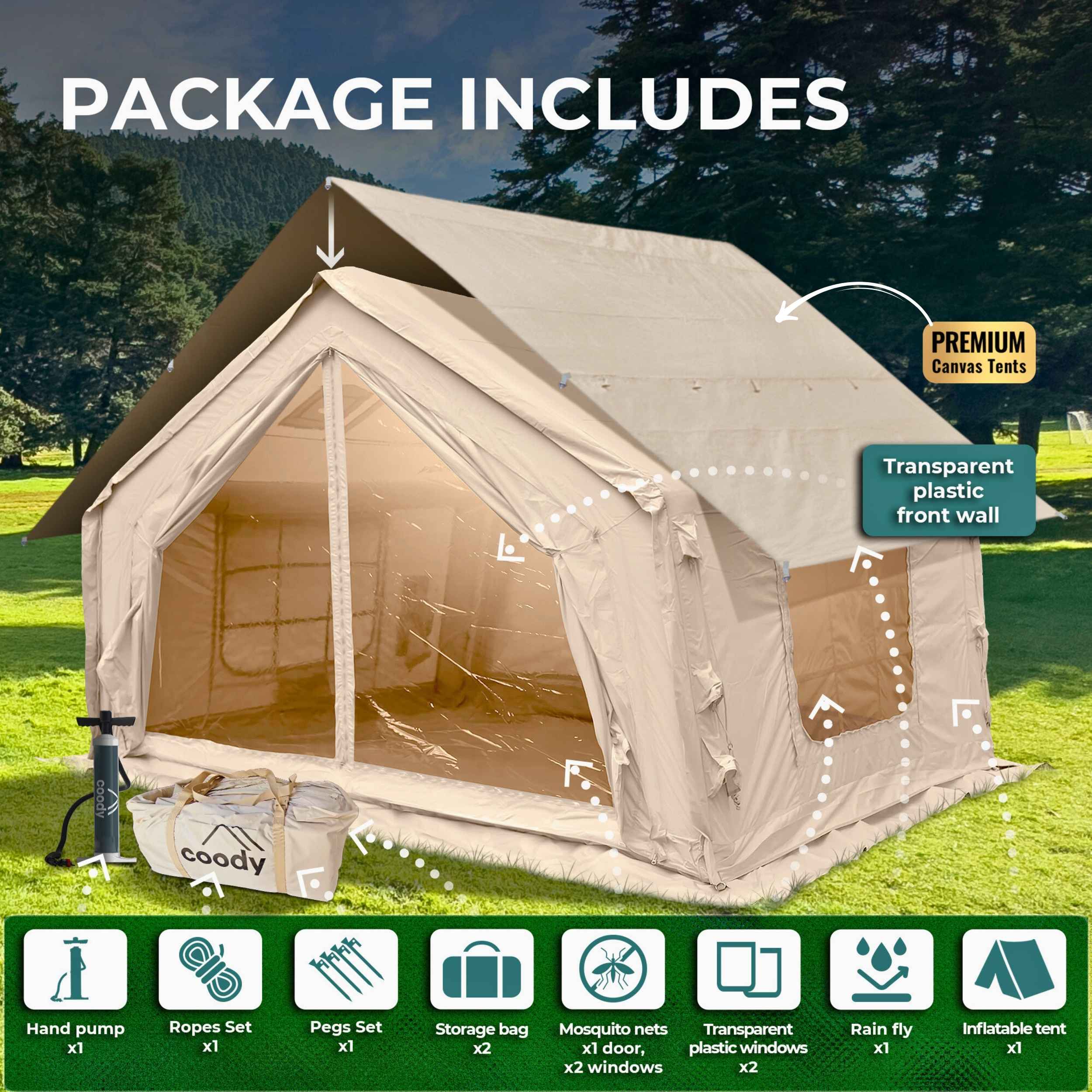 Coody 10.0 Beige  (2-4 person) Camping Bundle – Tent, PVC Ground Sheet, Carpet & Pump - Image 4
