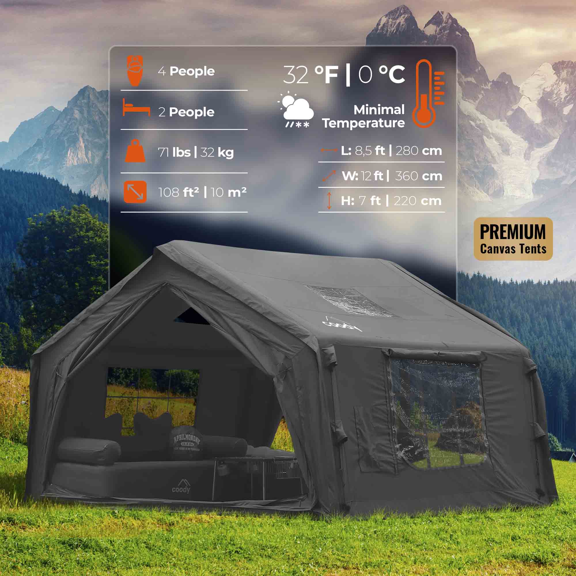 Coody 10.0 Black Inflatable Tent for Camping (2-4 person) - Image 3