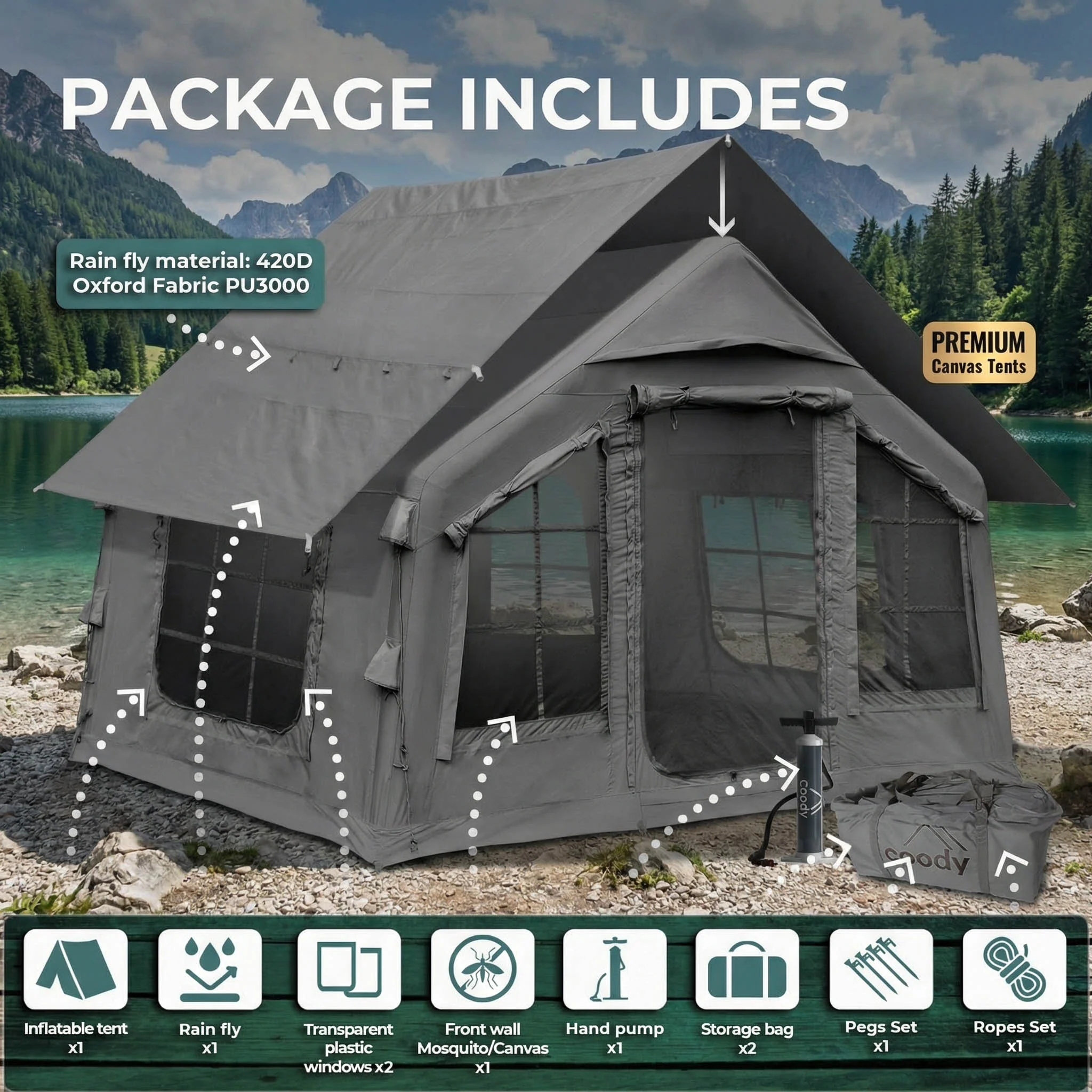Coody 8.0 Gray - Inflatable Tent House for Camping 1-4 person - Image 3