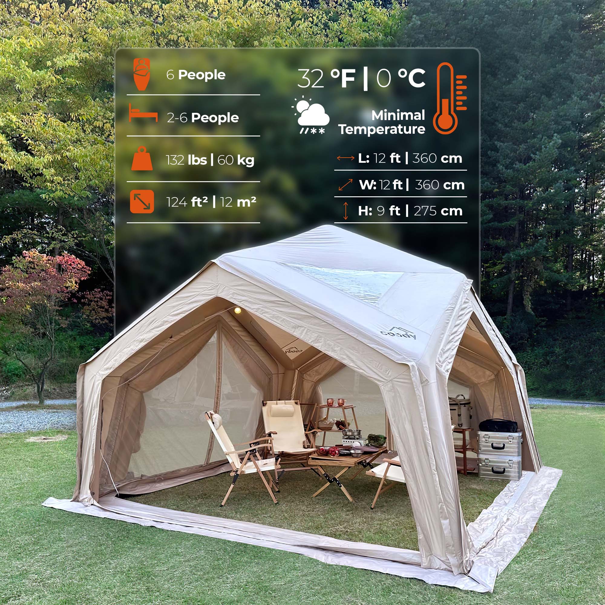 Coody Hub Shelter Beige - Inflatable Tent for Camping (2-6 Person) - Image 3