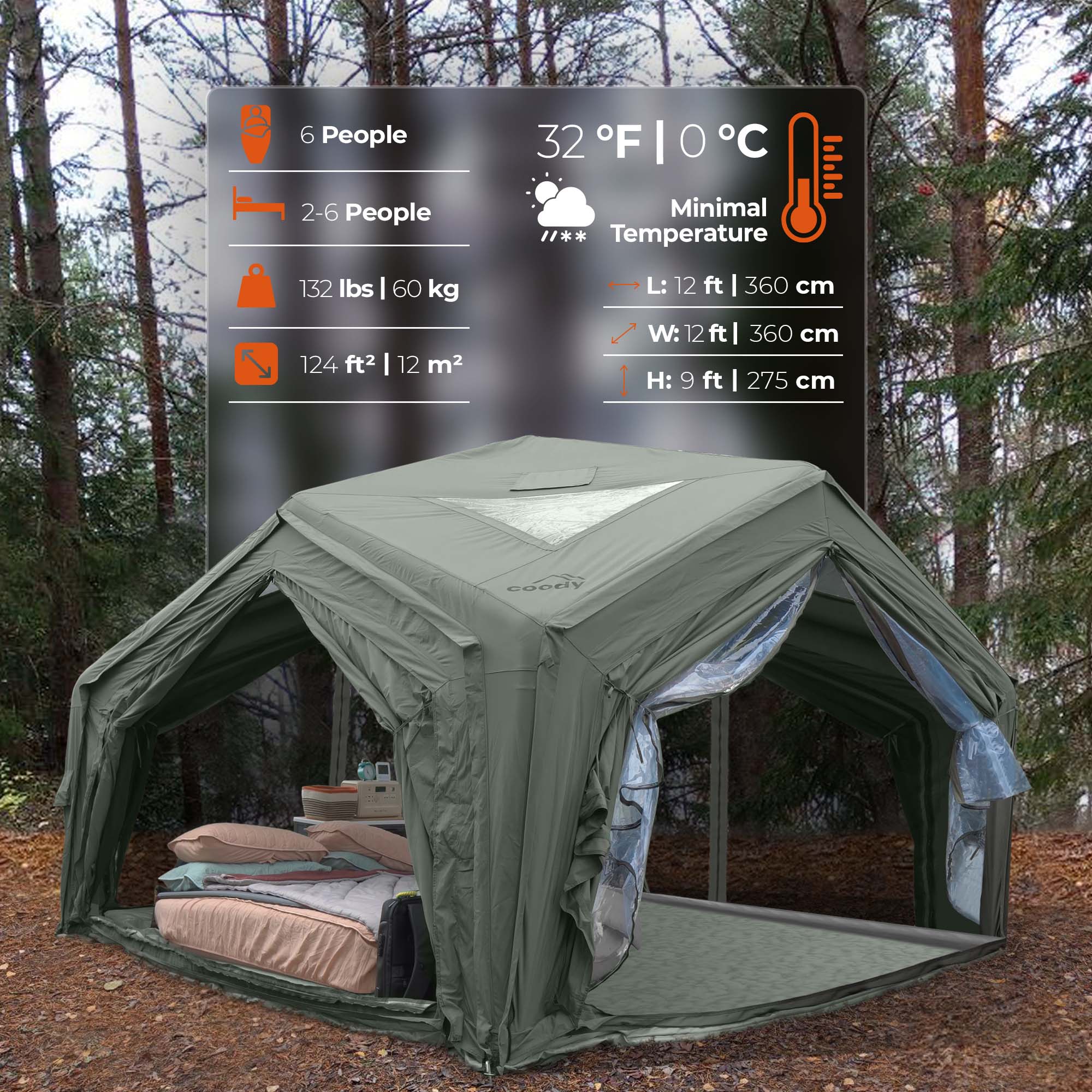 Coody Hub Shelter Forest Green- Inflatable Tent for Camping (2-6 Person) - Image 3
