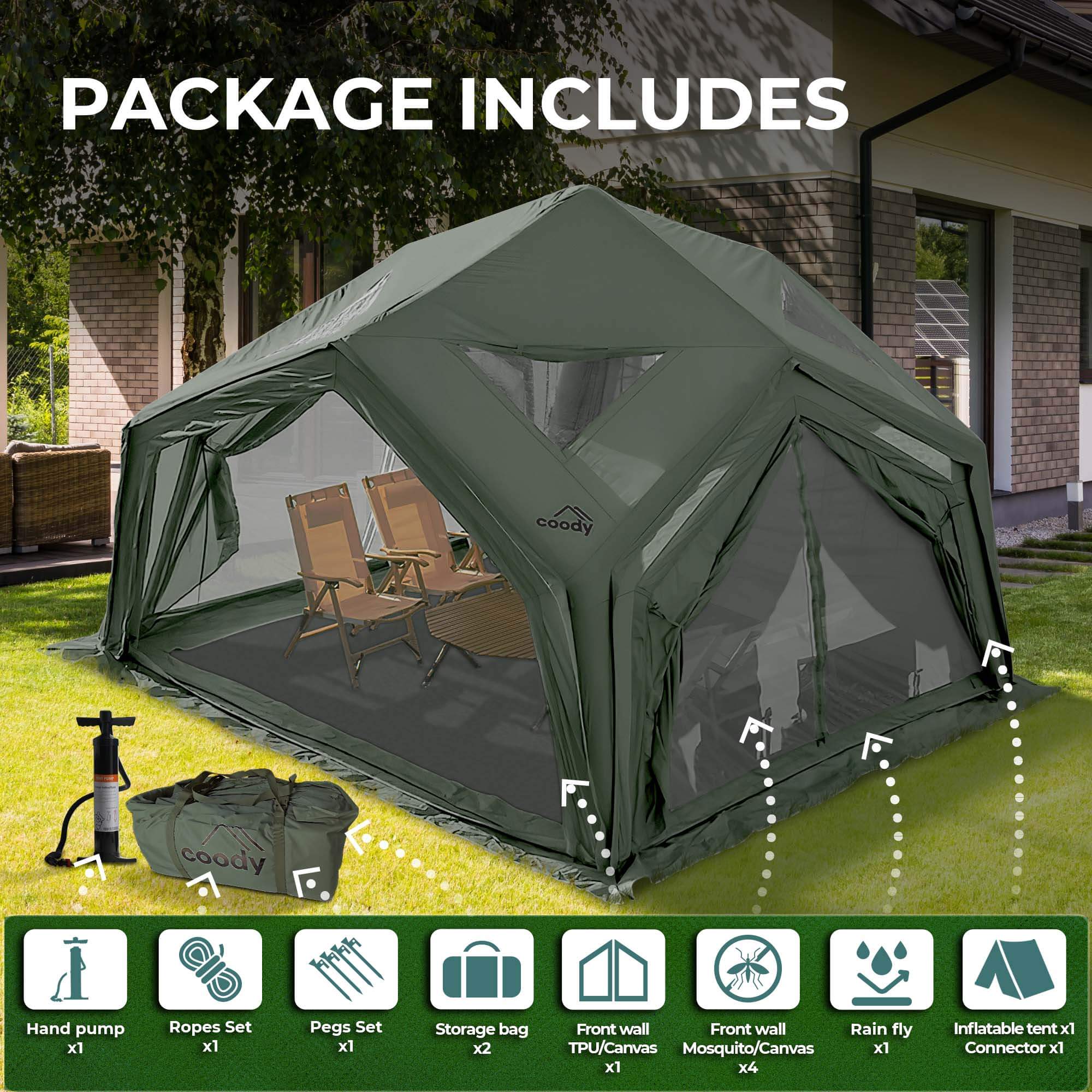 Coody Hub Shelter Forest Green- Inflatable Tent for Camping (2-6 Person) - Image 4