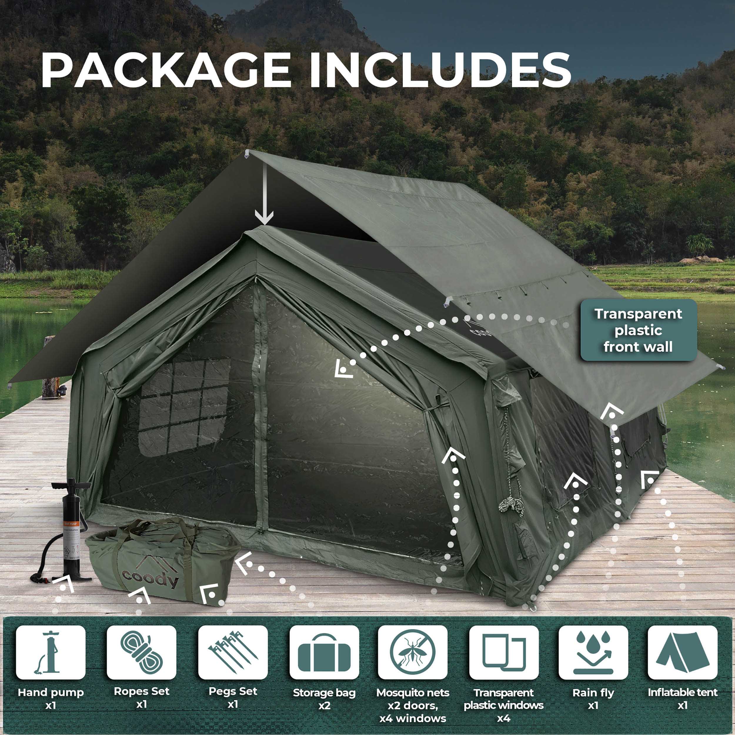 Coody 17.2 (Koala-7) Forest Green Large Inflatable Tent for Camping (2-10 person) - Image 4