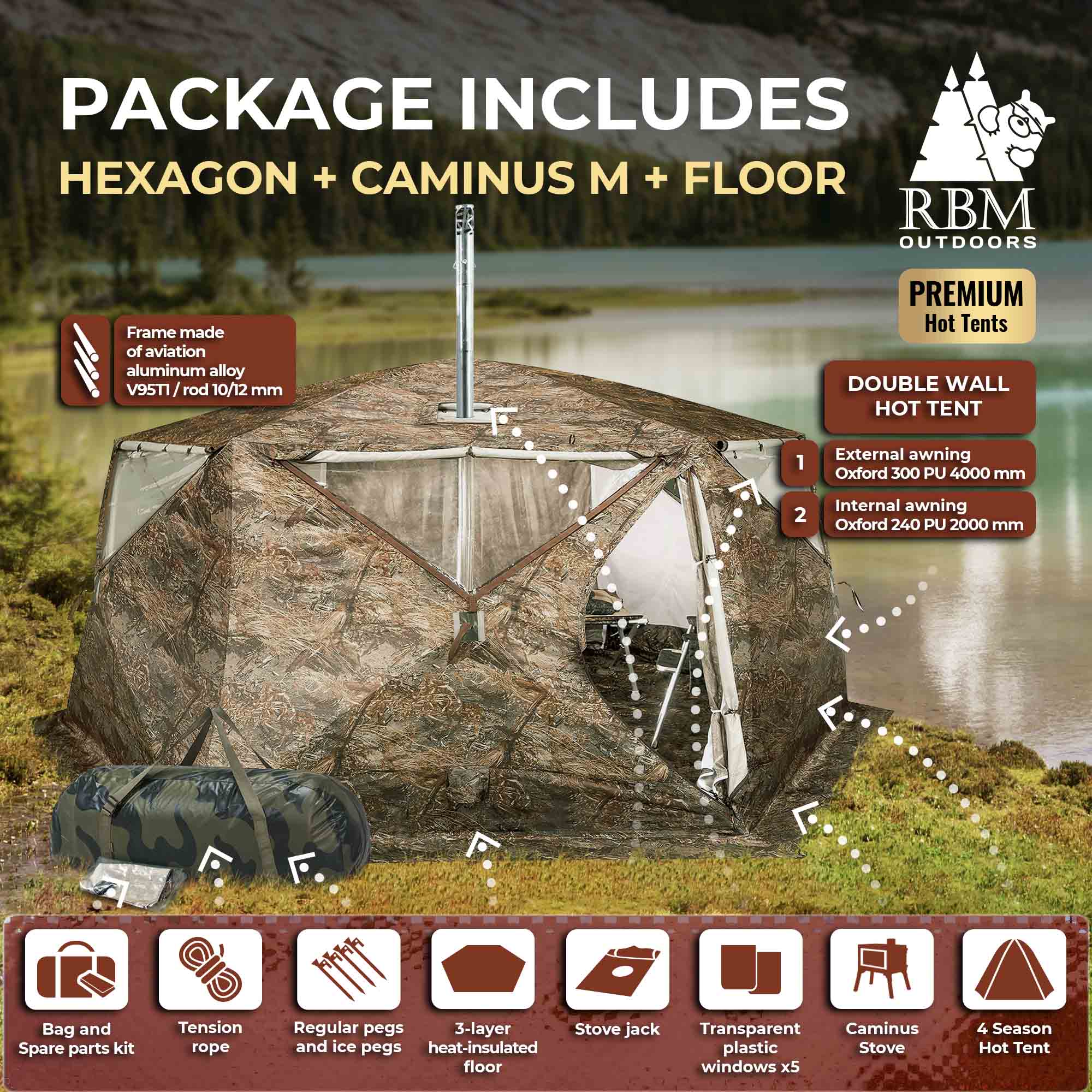 RBM All-Seasons tent Hexagon for 2-9 person + Wood Stove Caminus M - Image 3