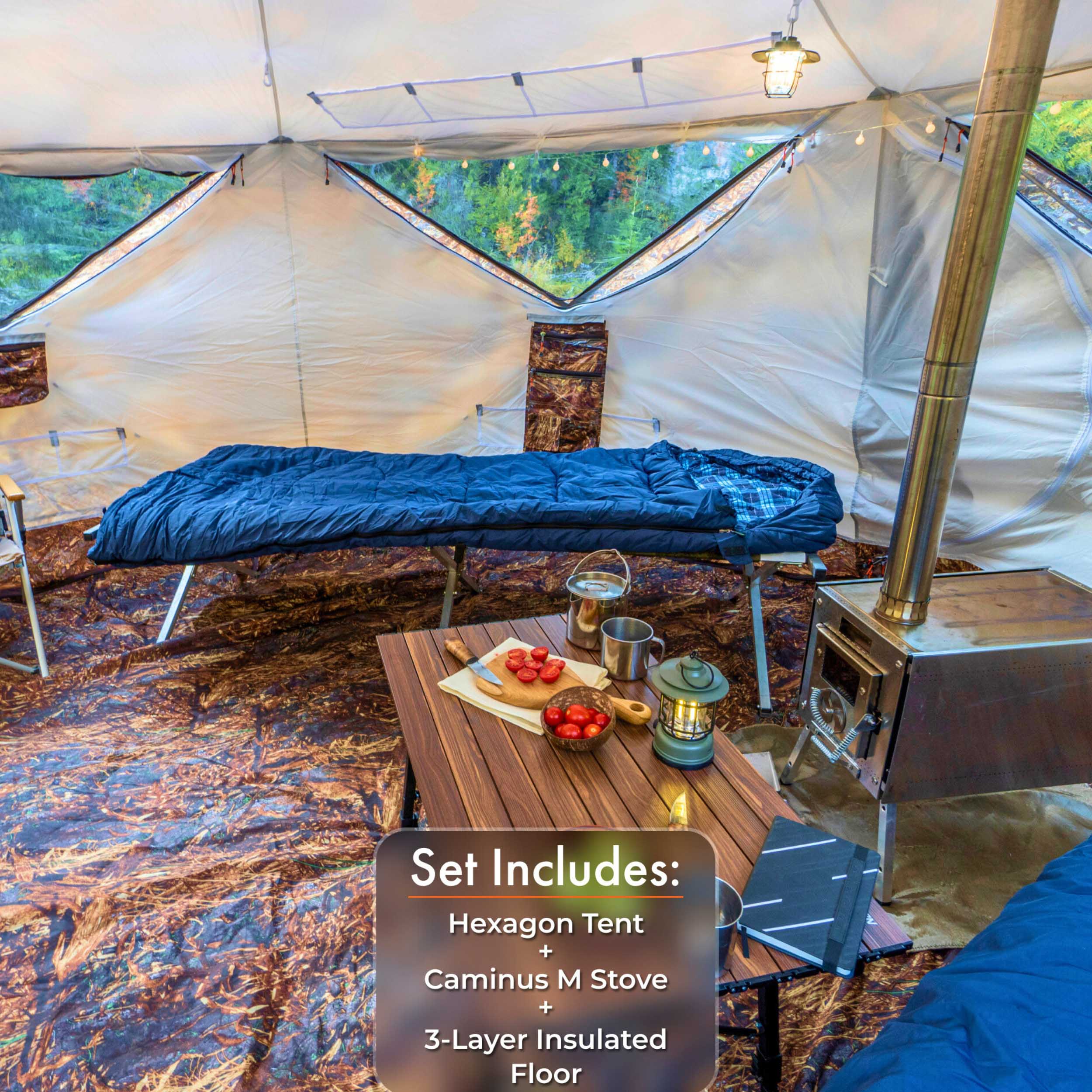 RBM All-Seasons tent Hexagon for 2-9 person + Wood Stove Caminus M + Three-Layer Floor - Image 6