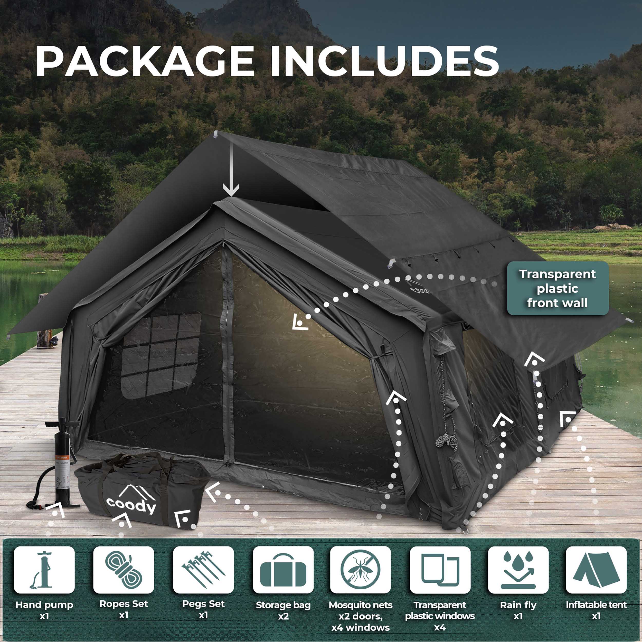 Coody 17.2 (Koala-7) Black Large Inflatable Tent for Camping (2-10 person) - Image 4