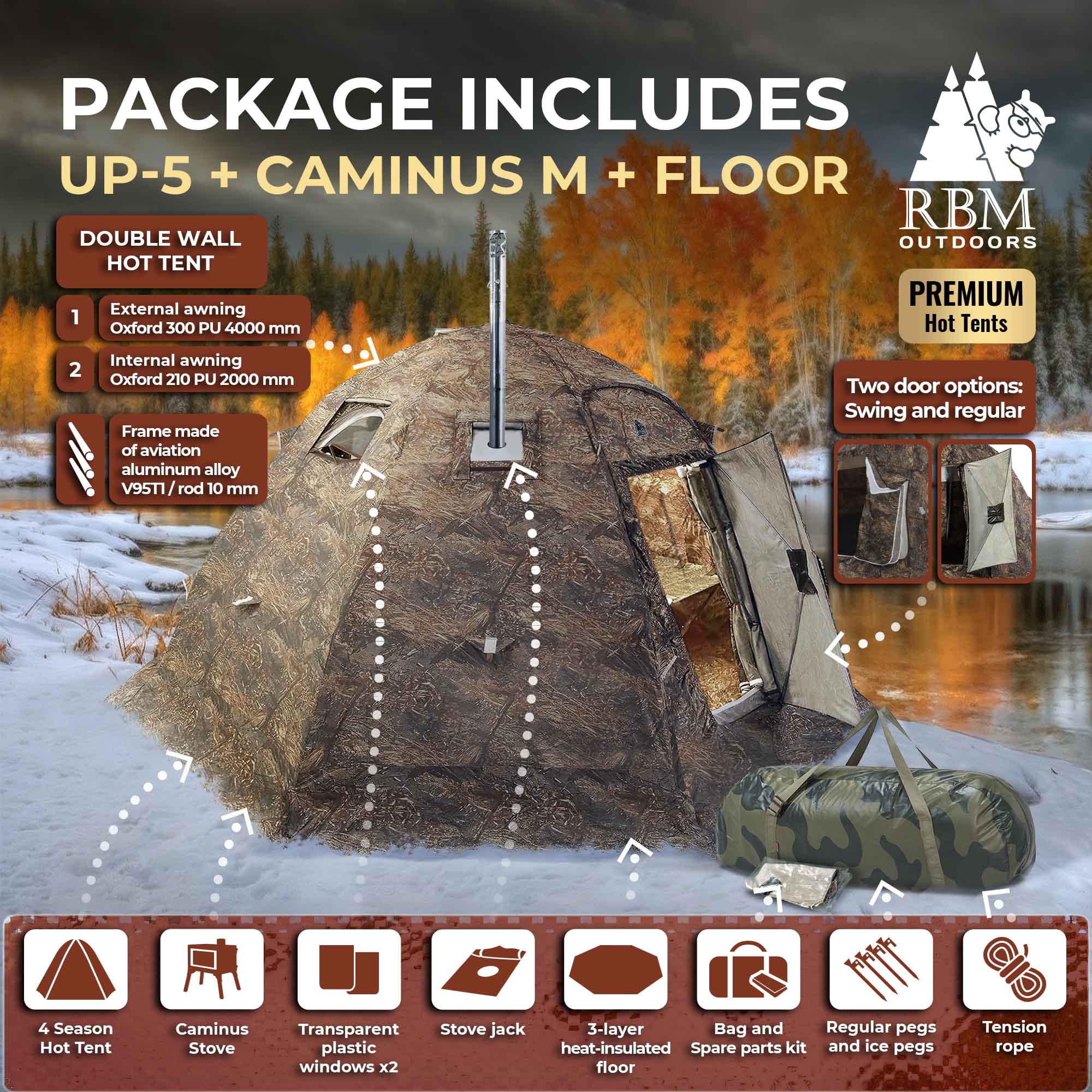 RBM All-Seasons tent  UP-5 for 2-6 person + Wood Stove Caminus M + Three-Layer Floor - Image 3